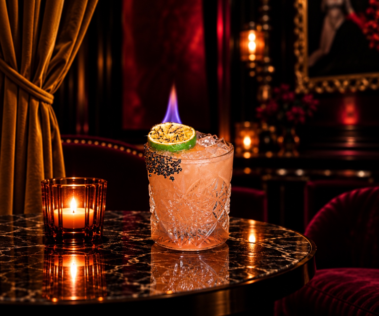 A Bad Rabbit cocktail, shot dark and close on marble.